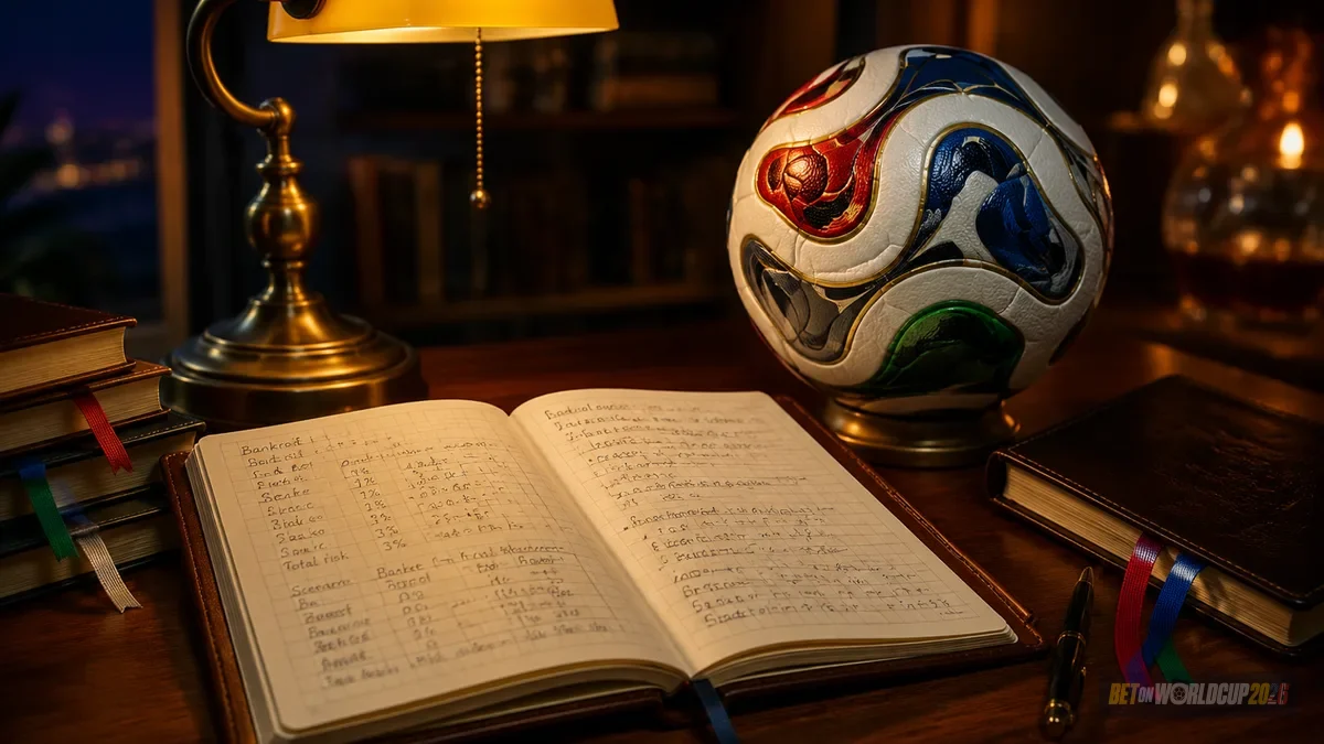 Buku catatan terbuka dengan kolom tanda centang, pena kuningan, bola Adidas Trionda 2026 — ilustrasi contoh unit sizing sebelum CLV