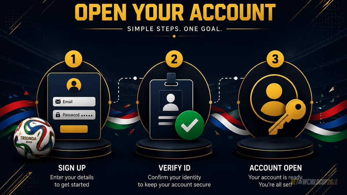 Ilustrasi langkah pembukaan akun dengan kolom formulir pendaftaran bergaya, badge verifikasi identitas, dan aksen tricolor negara tuan rumah