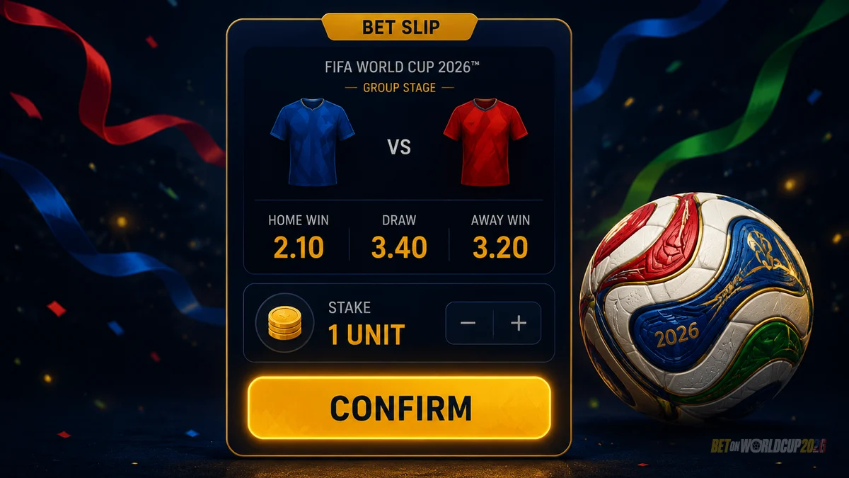 Slip taruhan bergaya dengan baris pertandingan Piala Dunia, odds desimal, dan unit stake