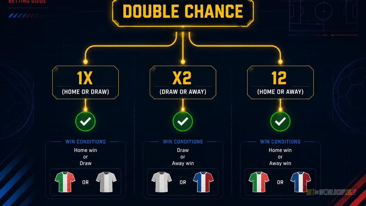 Diagram pohon keputusan untuk hasil Double Chance — tiga jalur cabang yang mencakup hasil tuan rumah, seri, dan tamu
