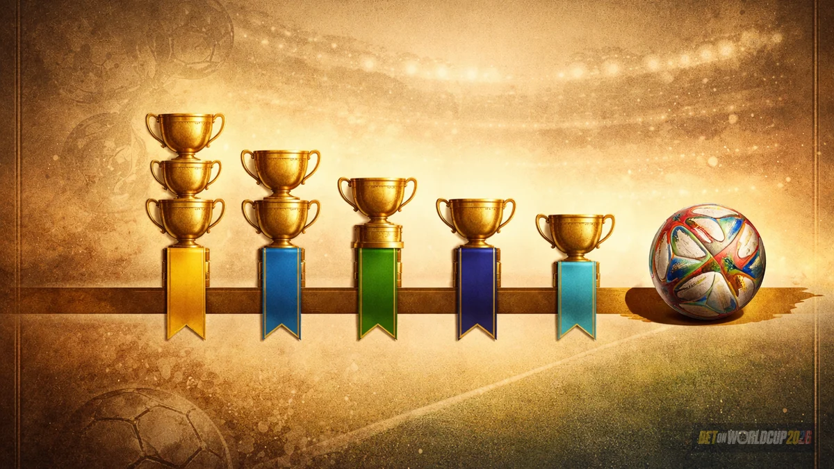 Timeline sepia negara paling sering juara — dekorasi piala emas abstrak untuk Jerman, Italia, Brasil, Prancis, Argentina